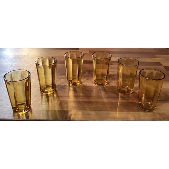 Vtg Hazel Atlas MCM 1960s Amber Glass Panel Optic Juice Tumblers 3.75” Set of 6 - Picture 7 of 9
